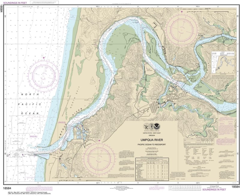 NOAA Chart 18584. Nautical Chart of Umpqua River Pacific Ocean to Reedsport. NOAA charts portray water depths, coastlines, dangers, aids to navigation, landmarks, bottom characteristics and other features, as well as regulatory, tide, and other informatio