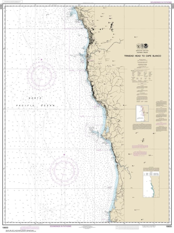 NOAA Chart 18600. Nautical Chart of Trinidad Head to Cape Blanco. NOAA charts portray water depths, coastlines, dangers, aids to navigation, landmarks, bottom characteristics and other features, as well as regulatory, tide, and other information. They con