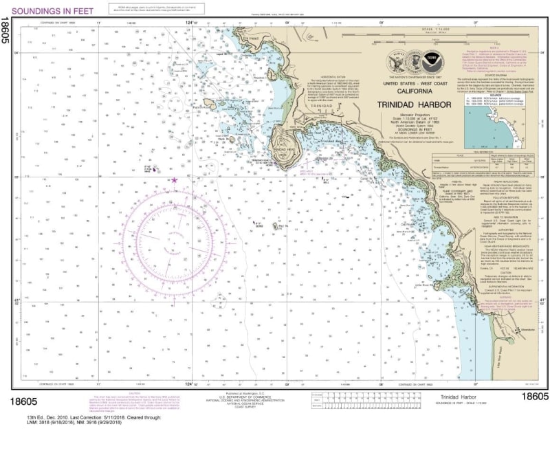 NOAA Chart 18605. Nautical Chart of Trinidad Harbor. NOAA charts portray water depths, coastlines, dangers, aids to navigation, landmarks, bottom characteristics and other features, as well as regulatory, tide, and other information. They contain all crit