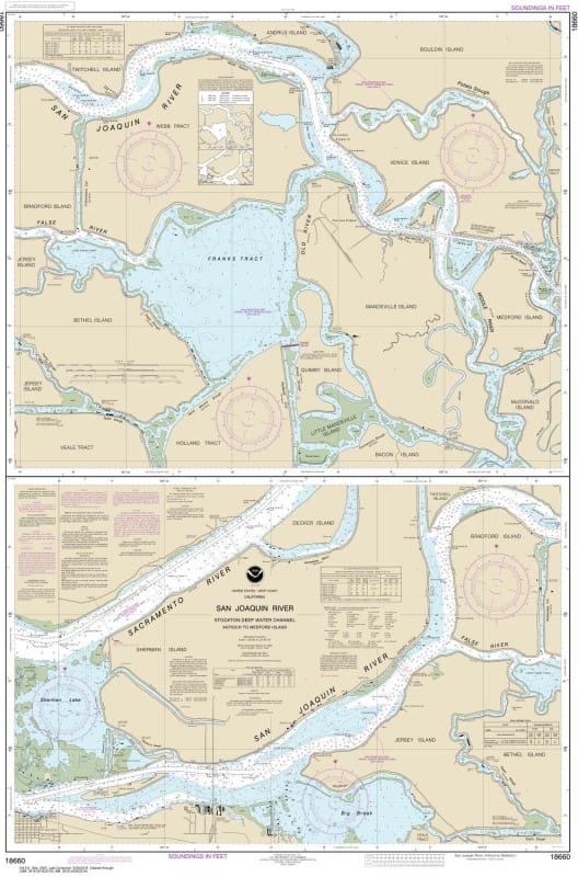 NOAA Chart 18660. Nautical Chart of San Joaquin River - Stockton Deep Water Channel. Includes Antioch to Medford Island. NOAA charts portray water depths, coastlines, dangers, aids to navigation, landmarks, bottom characteristics and other features, as we