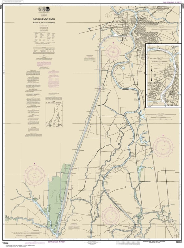 NOAA Chart 18662. Nautical Chart of Sacramento River Andrus Island to Sacramento. NOAA charts portray water depths, coastlines, dangers, aids to navigation, landmarks, bottom characteristics and other features, as well as regulatory, tide, and other infor