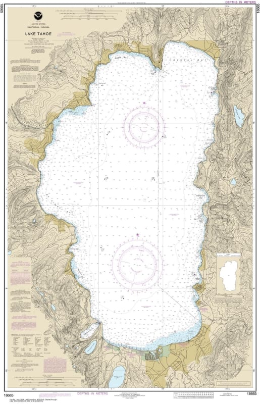 NOAA Chart 18665. Nautical Chart of Lake Tahoe. NOAA charts portray water depths, coastlines, dangers, aids to navigation, landmarks, bottom characteristics and other features, as well as regulatory, tide, and other information. They contain all critical