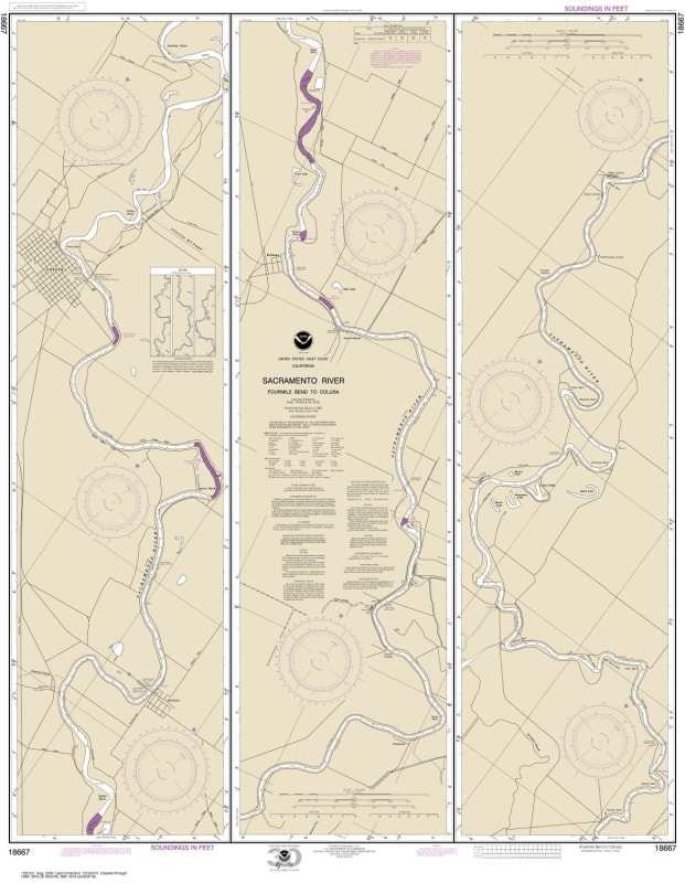 NOAA Chart 18667. Nautical Chart of Sacramento River Fourmile Bend To Colusa. NOAA charts portray water depths, coastlines, dangers, aids to navigation, landmarks, bottom characteristics and other features, as well as regulatory, tide, and other informati