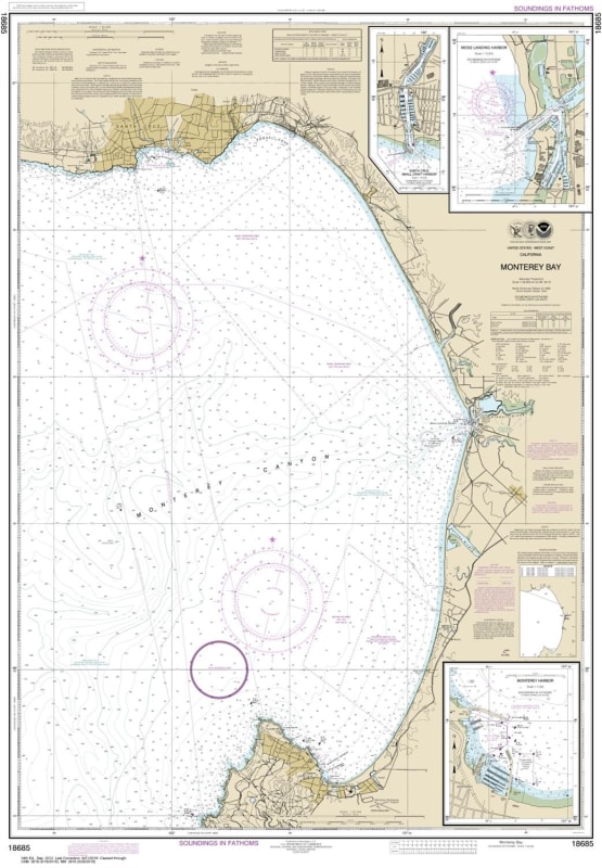 NOAA Chart 18685. Nautical Chart of Monterey Bay. Includes insets of Monterey Harbor, Moss Landing Harbor, and Santa Cruz Small Craft Harbor. NOAA charts portray water depths, coastlines, dangers, aids to navigation, landmarks, bottom characteristics and