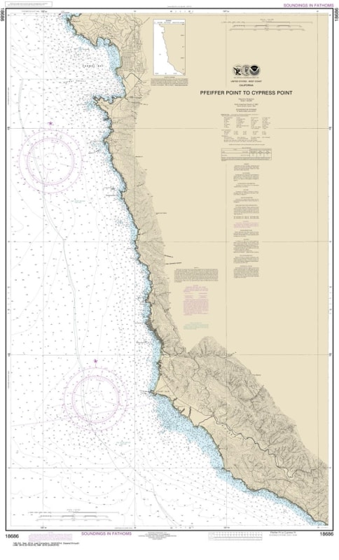NOAA Chart 18686. Nautical Chart of Pfeiffer Point to Cypress Point. NOAA charts portray water depths, coastlines, dangers, aids to navigation, landmarks, bottom characteristics and other features, as well as regulatory, tide, and other information. They