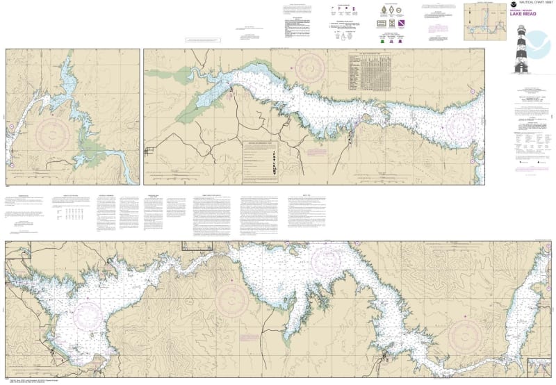 NOAA Chart 18687. Nautical Chart of Lake Mead. NOAA charts portray water depths, coastlines, dangers, aids to navigation, landmarks, bottom characteristics and other features, as well as regulatory, tide, and other information. They contain all critical c