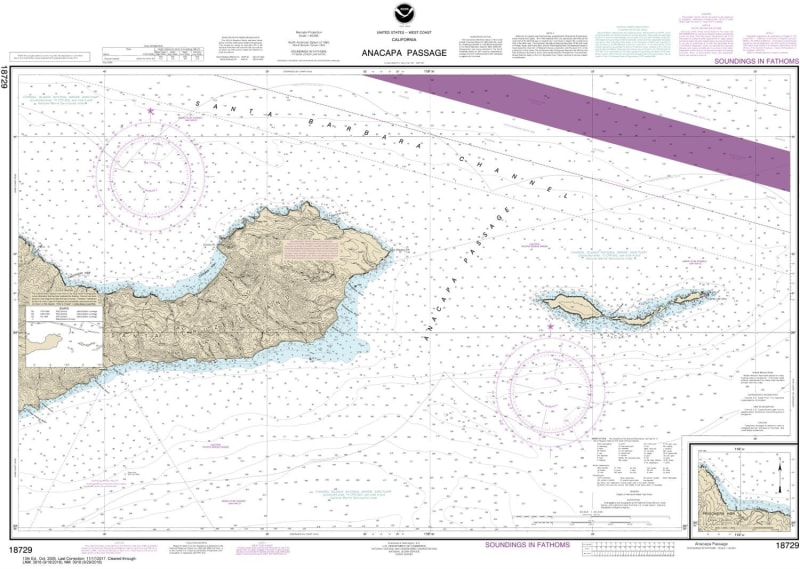 NOAA Chart 18729. Nautical Chart of Anacapa Passage & Prisoners Harbor. NOAA charts portray water depths, coastlines, dangers, aids to navigation, landmarks, bottom characteristics and other features, as well as regulatory, tide, and other information. Th