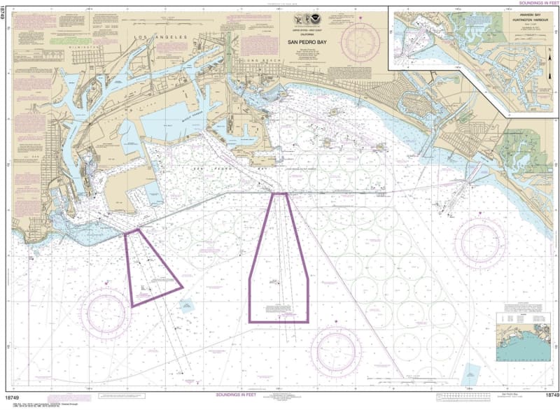 NOAA Chart 18749. Nautical Chart of San Pedro Bay. Includes Anaheim Bay and Huntington Harbor. NOAA charts portray water depths, coastlines, dangers, aids to navigation, landmarks, bottom characteristics and other features, as well as regulatory, tide, an