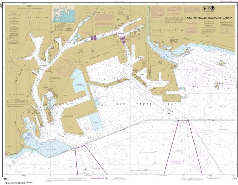 NOAA Chart 18751. Nautical Chart of Los Angeles and Long Beach Harbors. NOAA charts portray water depths, coastlines, dangers, aids to navigation, landmarks, bottom characteristics and other features, as well as regulatory, tide, and other information. Th