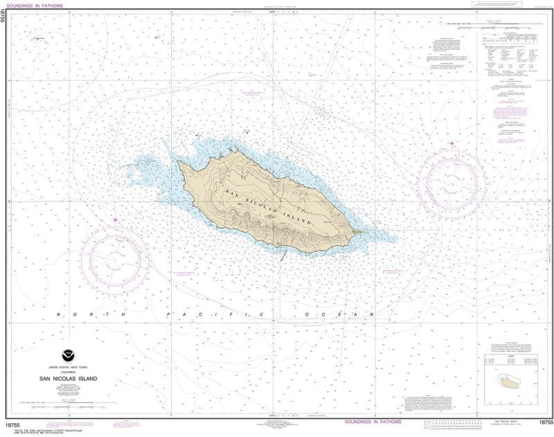 NOAA Chart 18755. Nautical Chart of San Nicolas Island. NOAA charts portray water depths, coastlines, dangers, aids to navigation, landmarks, bottom characteristics and other features, as well as regulatory, tide, and other information. They contain all c