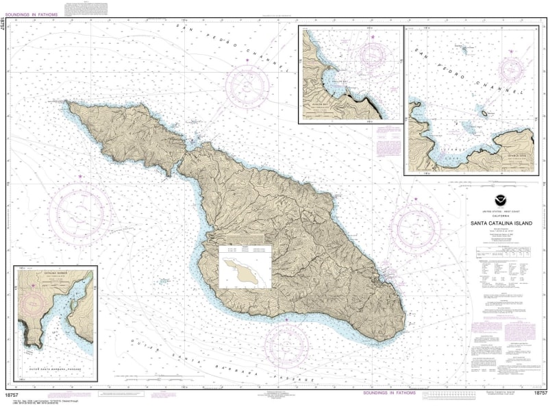 NOAA Chart 18757. Nautical Chart of Santa Catalina Island. Includes Avalon Bay, Catalina Harbor and Isthmus Cove. NOAA charts portray water depths, coastlines, dangers, aids to navigation, landmarks, bottom characteristics and other features, as well as r