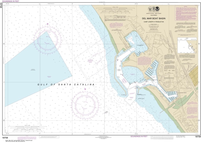 NOAA Chart 18758. Nautical Chart of Del Mar Boat Basin. Includes Camp Joseph H Pendleton. NOAA charts portray water depths, coastlines, dangers, aids to navigation, landmarks, bottom characteristics and other features, as well as regulatory, tide, and oth