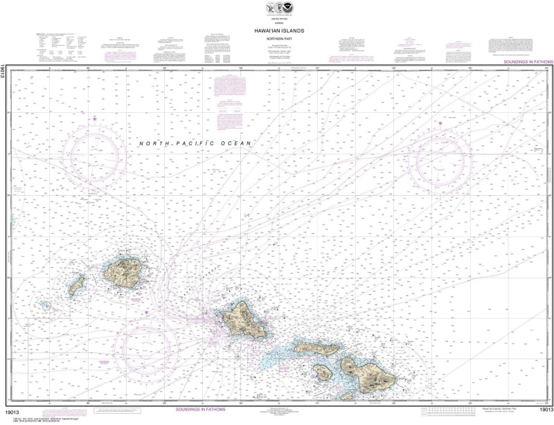 NOAA Chart 19013. Nautical Chart of the Hawaiian Islands - Northern part. NOAA charts portray water depths, coastlines, dangers, aids to navigation, landmarks, bottom characteristics and other features, as well as regulatory, tide, and other information.
