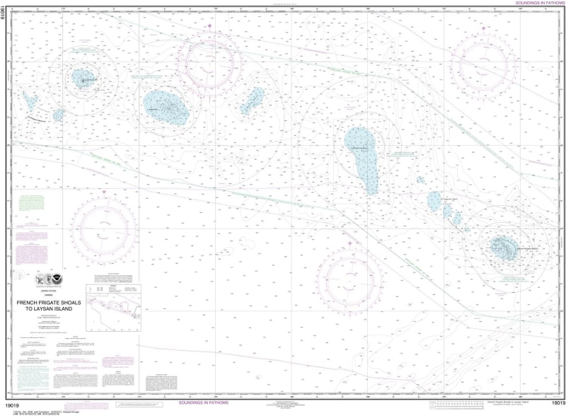 NOAA Chart 19019. Nautical Chart of French Frigate Shoals to Laysan Island. NOAA charts portray water depths, coastlines, dangers, aids to navigation, landmarks, bottom characteristics and other features, as well as regulatory, tide, and other information