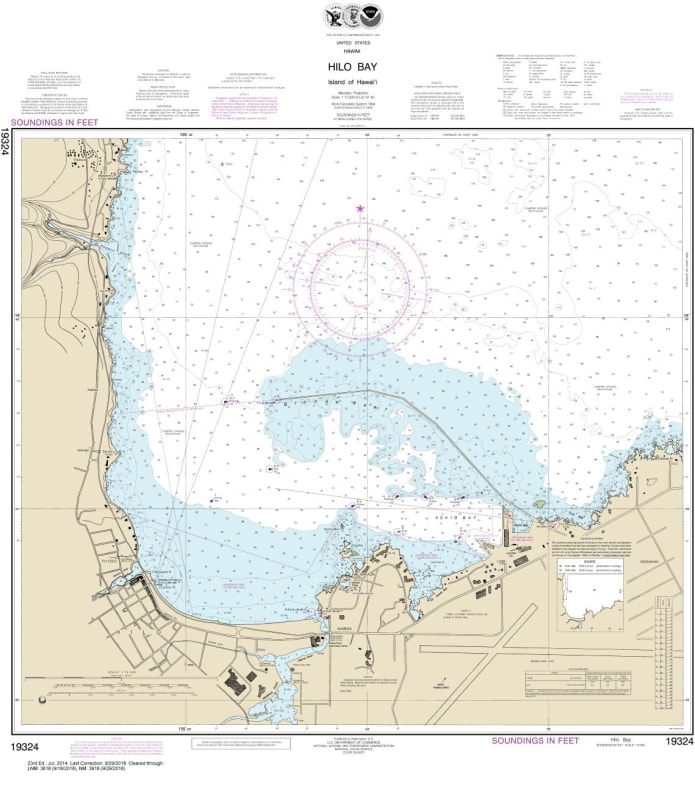 NOAA Chart 19324. Nautical Chart of Hilo Bay on the Big Island of Hawaii. NOAA charts portray water depths, coastlines, dangers, aids to navigation, landmarks, bottom characteristics and other features, as well as regulatory, tide, and other information.