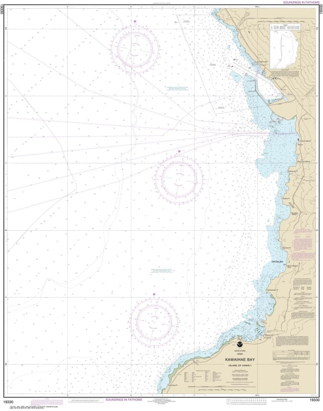 NOAA Chart 19330. Nautical Chart of Kawaihae Bay on the Big Island of Hawaii. NOAA charts portray water depths, coastlines, dangers, aids to navigation, landmarks, bottom characteristics and other features, as well as regulatory, tide, and other informati