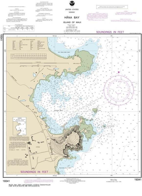 NOAA Chart 19341. Nautical Chart of Hana Bay on the Island of Maui. NOAA charts portray water depths, coastlines, dangers, aids to navigation, landmarks, bottom characteristics and other features, as well as regulatory, tide, and other information. They c