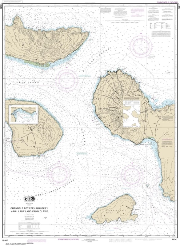 NOAA Chart 19347. Nautical Chart of Channels between Molokai, Maui, Lanai and Kahoolawe. Also includes Manele Bay. NOAA charts portray water depths, coastlines, dangers, aids to navigation, landmarks, bottom characteristics and other features, as well as