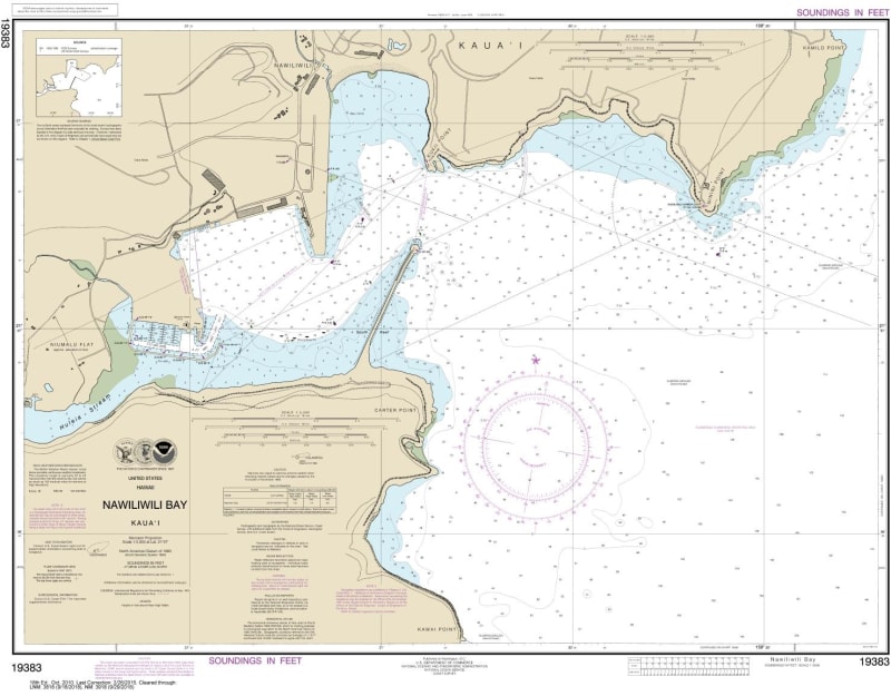 NOAA Chart 19383. Nautical Chart of Kauai Nawiliwili Bay. NOAA charts portray water depths, coastlines, dangers, aids to navigation, landmarks, bottom characteristics and other features, as well as regulatory, tide, and other information. They contain all