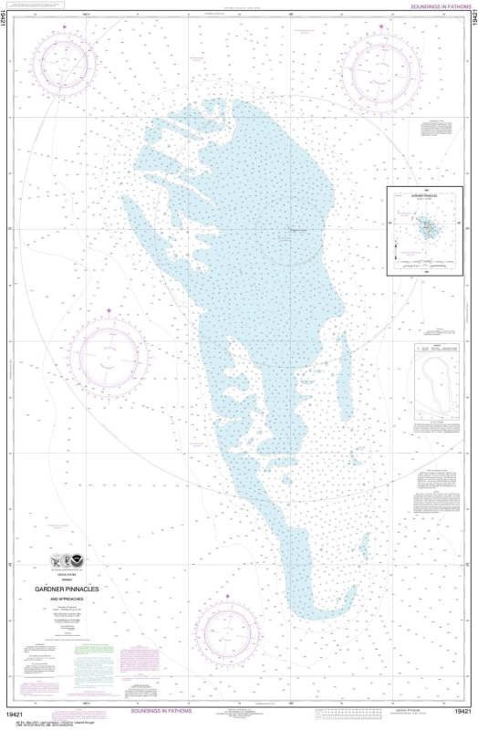 NOAA Chart 19421. Nautical Chart of Gardner Pinnacles and approaches. NOAA charts portray water depths, coastlines, dangers, aids to navigation, landmarks, bottom characteristics and other features, as well as regulatory, tide, and other information. They