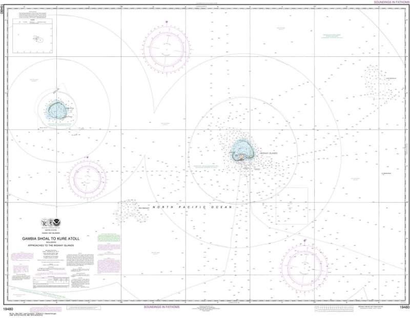 NOAA Chart 19480. Nautical Chart of Gambia Shoal to Kure Atoll including approaches to the Midway Islands. NOAA charts portray water depths, coastlines, dangers, aids to navigation, landmarks, bottom characteristics and other features, as well as regulato