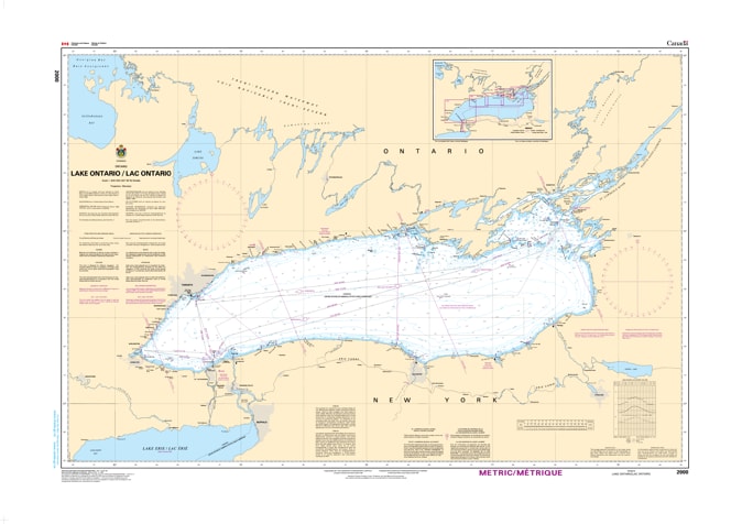 2000 Lake Ontario Nautical Chart - An official Canadian general maritime map featuring depth soundings and navigational data for the entirety of Lake Ontario. 2000 Lake Ontario Nautical Chart - An official Canadian general maritime map featuring depth soundings and navigational data for the entirety of Lake Ontario.
