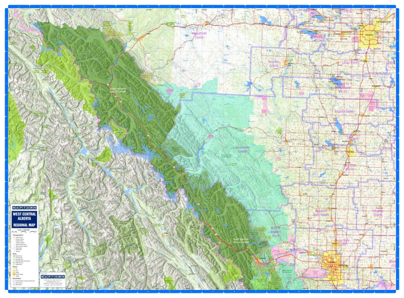 Large West Central Alberta wall map featuring the Calgary-Edmonton corridor, Banff and Jasper National Parks, and detailed township and range road grids.