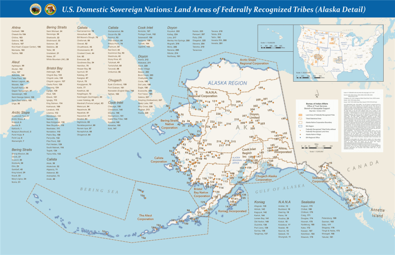 Alaska Detail Federally Recognized Tribes wall map by the Bureau of Indian Affairs showing Alaska Native Regional Corporations, village entities, and BIA regions.