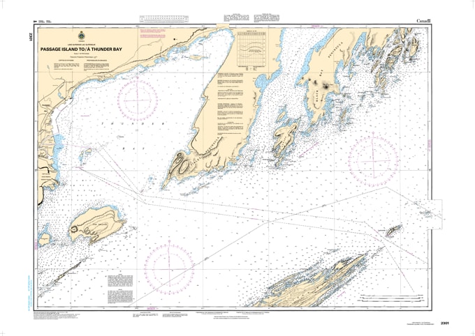 Detailed nautical chart 2301 depicting Lake Superior navigation routes, depth soundings, and coastal features from Passage Island to Thunder Bay. Detailed nautical chart 2301 depicting Lake Superior navigation routes, depth soundings, and coastal features from Passage Island to Thunder Bay.