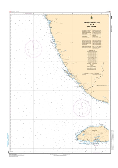 Official nautical chart 2308 depicting navigation routes, depth soundings, and island features from Michipicoten Island to Oiseau Bay in Lake Superior. Official nautical chart 2308 depicting navigation routes, depth soundings, and island features from Michipicoten Island to Oiseau Bay in Lake Superior.