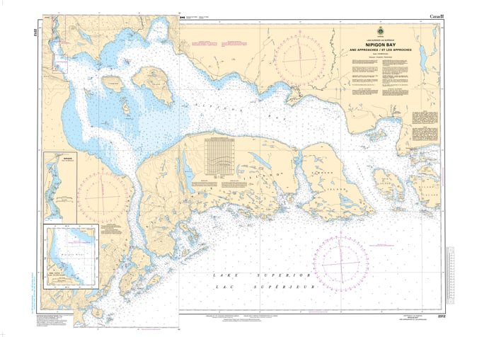 Official nautical chart 2312 illustrating navigation routes, depth soundings, and island channels for Nipigon Bay on Lake Superior. Official nautical chart 2312 illustrating navigation routes, depth soundings, and island channels for Nipigon Bay on Lake Superior.