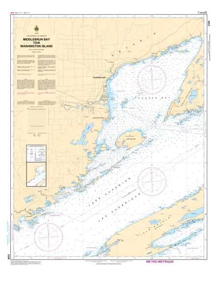 Navigate Lake Superior's North Shore safely with CHS Chart 2326: Middlebrun Bay to Washington Island. Features official depth data, hazard markers, and coastal data for Black Bay and the Sleeping Giant region.