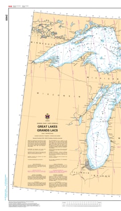 Official general nautical chart 2400 providing a wide-scale overview of the Great Lakes system from Lake Ontario to Lake Superior.