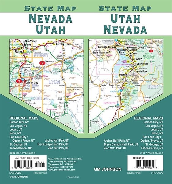 Utah and Nevada state road map featuring Las Vegas Strip, Salt Lake City, and National Park insets.