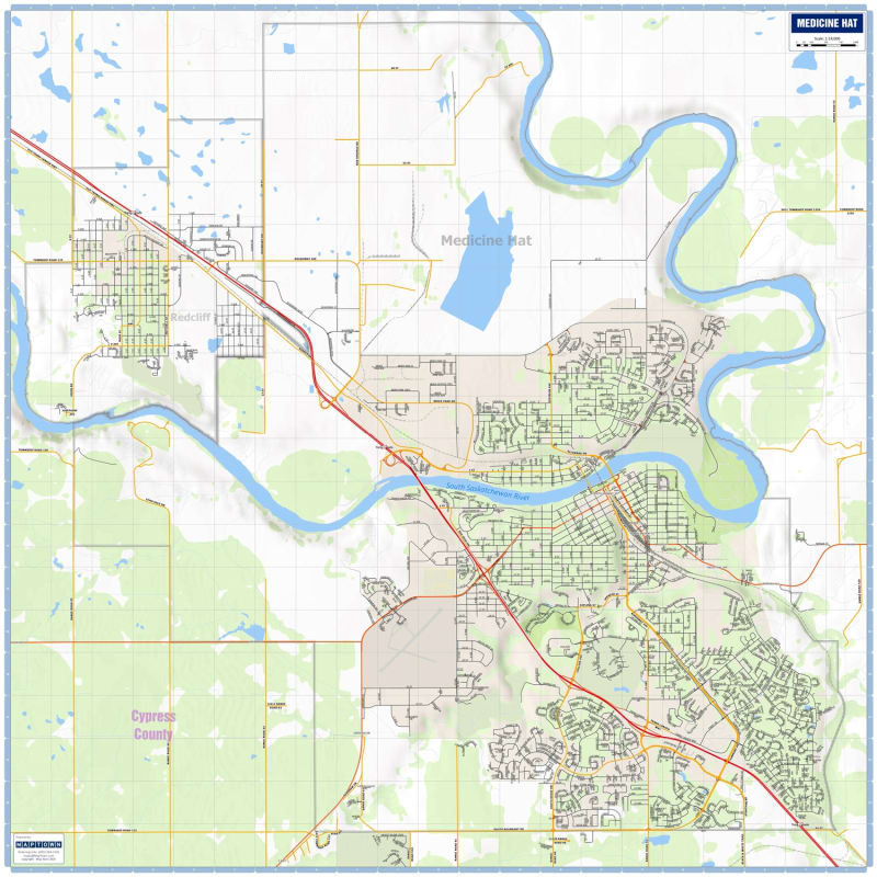 Medicine Hat & Redcliffe Wall map - Large. New detailed base map of Medicine Hat and Redcliffe. MapTown makes it easy to read primary and secondary roads and streets, railroads. Symbolized icons for schools (by type), EMS, fire stations, hospitals and pol