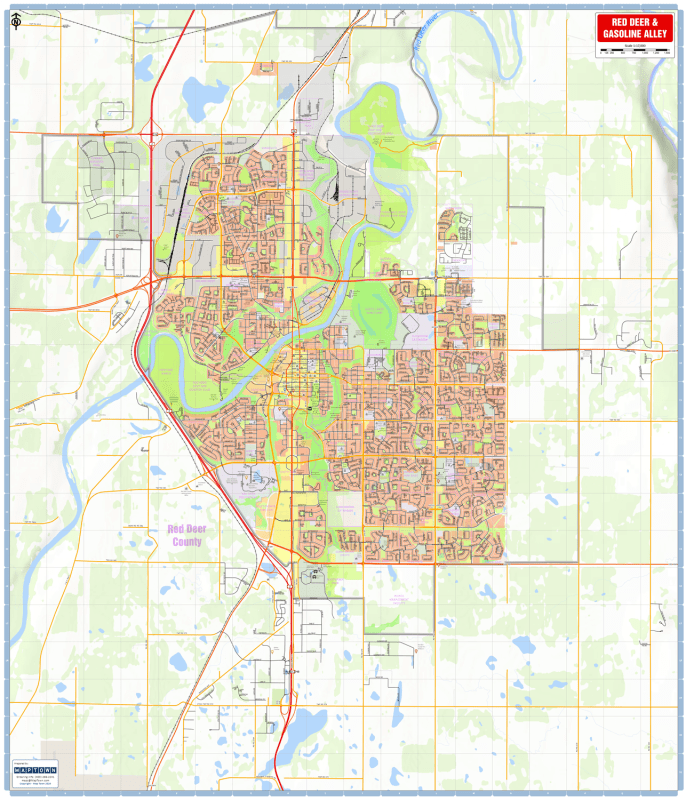 Red Deer and Gasoline Alley large wall map 36x42 showing detailed city street grid, highways, and community facilities. Red Deer and Gasoline Alley large wall map 36x42 showing detailed city street grid, highways, and community facilities.