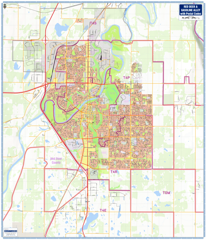Red Deer and Gasoline Alley postal code wall map 36x42 showing FSA boundaries, street grid, and highway networks.