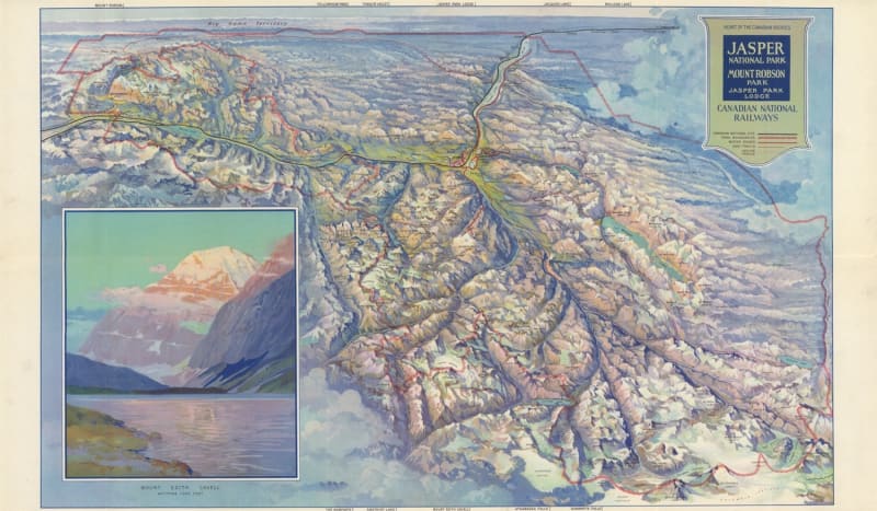 A detailed section of a 1935 pictorial map showing Mount Robson (12,972 ft), Berg Lake Camp, Berg Lake, and the Canadian National Railway line (black track) near the southern boundary of Mount Robson Park.