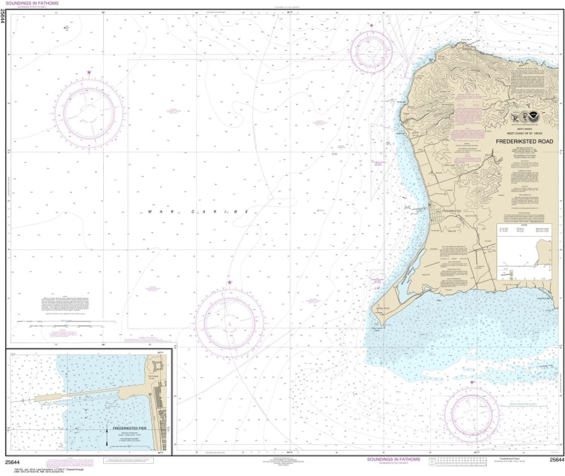 NOAA Chart 25644. Nautical Chart of Frederiksted Road - Frederiksted Pierl. NOAA charts portray water depths, coastlines, dangers, aids to navigation, landmarks, bottom characteristics and other features, as well as regulatory, tide, and other information