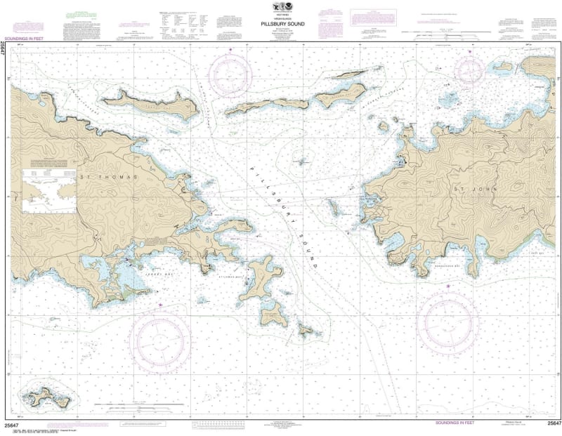 NOAA Chart 25647. Nautical Chart of Pillsbury Sound. NOAA charts portray water depths, coastlines, dangers, aids to navigation, landmarks, bottom characteristics and other features, as well as regulatory, tide, and other information. They contain all crit