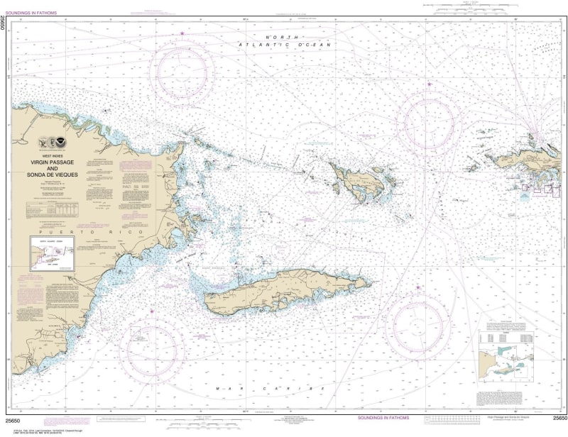 NOAA Chart 25650. Nautical Chart of Virgin Passage and Sonda de Vieques. NOAA charts portray water depths, coastlines, dangers, aids to navigation, landmarks, bottom characteristics and other features, as well as regulatory, tide, and other information.