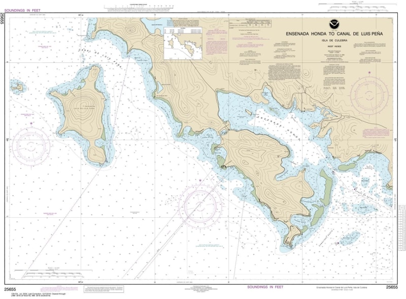 NOAA Chart 25655. Nautical Chart of Ensenada Honda to Canal de Luis Pena. NOAA charts portray water depths, coastlines, dangers, aids to navigation, landmarks, bottom characteristics and other features, as well as regulatory, tide, and other information.
