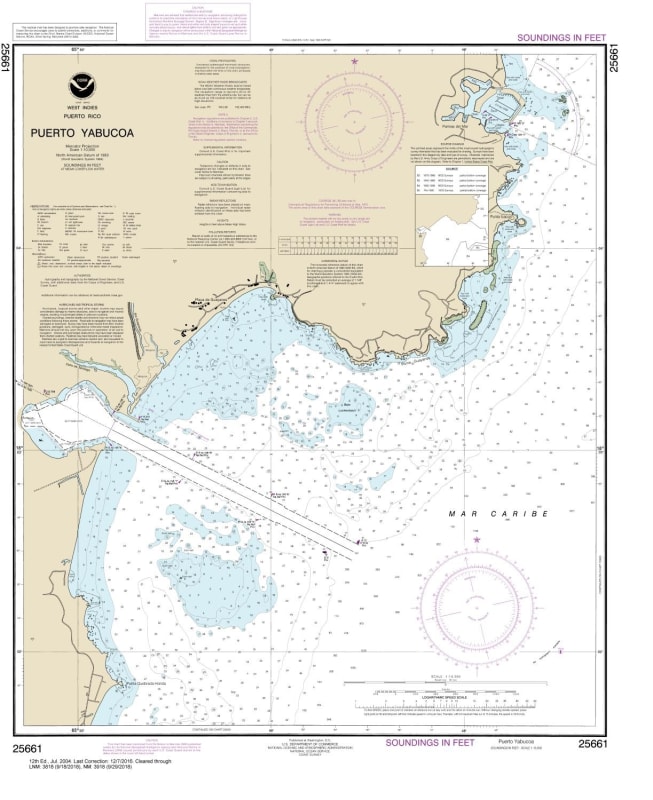 NOAA Chart 25661. Nautical Chart of Puerto Yabucoa. NOAA charts portray water depths, coastlines, dangers, aids to navigation, landmarks, bottom characteristics and other features, as well as regulatory, tide, and other information. They contain all criti