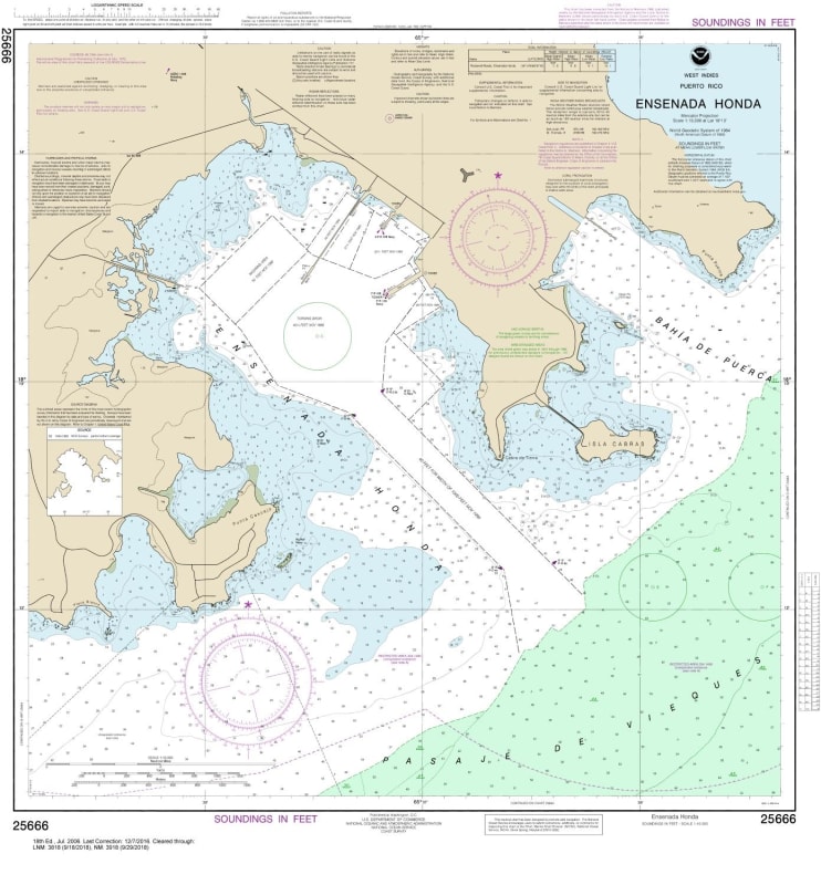 NOAA Chart 25666. Nautical Chart of Ensenada Honda. NOAA charts portray water depths, coastlines, dangers, aids to navigation, landmarks, bottom characteristics and other features, as well as regulatory, tide, and other information. They contain all criti
