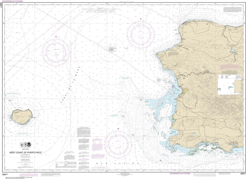 NOAA Chart 25671. Nautical Chart of West Coast of Puerto Rico. NOAA charts portray water depths, coastlines, dangers, aids to navigation, landmarks, bottom characteristics and other features, as well as regulatory, tide, and other information. They contai