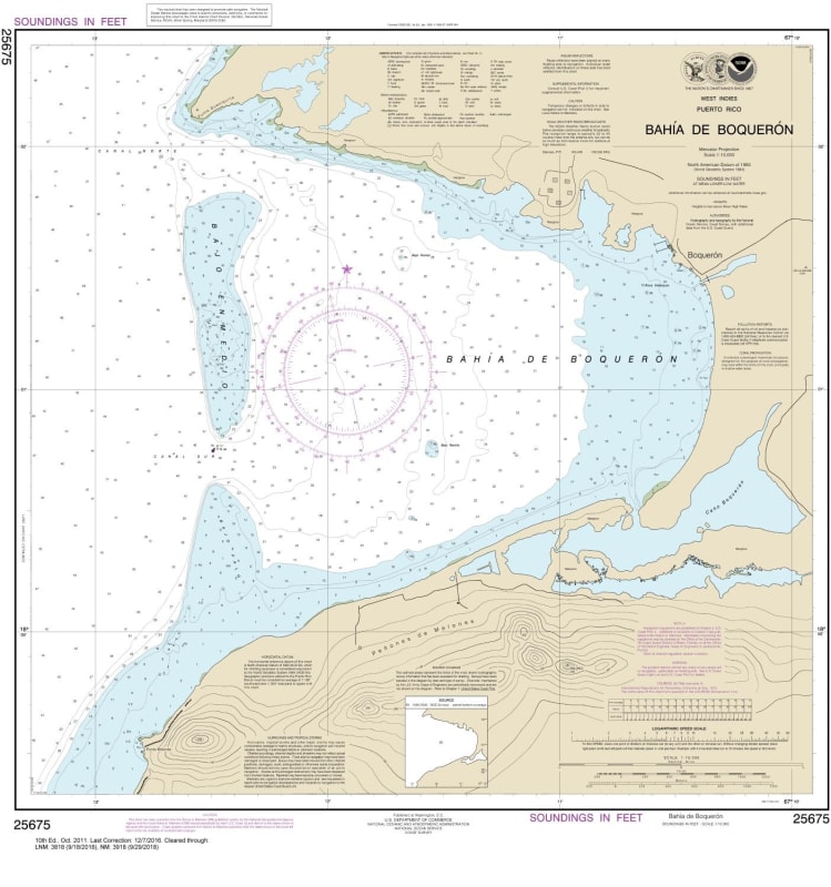 NOAA Chart 25675. Nautical Chart of Bahia de Boqueron. NOAA charts portray water depths, coastlines, dangers, aids to navigation, landmarks, bottom characteristics and other features, as well as regulatory, tide, and other information. They contain all cr
