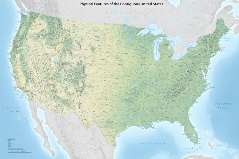 Large 45x30 wall map of the contiguous United States showing physical features, mountain ranges, rivers, and shaded relief topography.