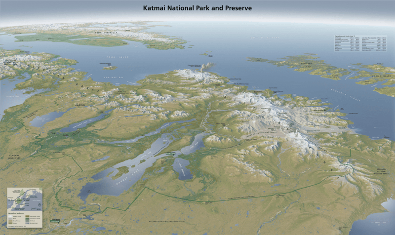 Detailed 30x18 wall map of Katmai National Park and Preserve, Alaska, featuring the Valley of Ten Thousand Smokes, Brooks Camp, and Naknek Lake. Detailed 30x18 wall map of Katmai National Park and Preserve, Alaska, featuring the Valley of Ten Thousand Smokes, Brooks Camp, and Naknek Lake.