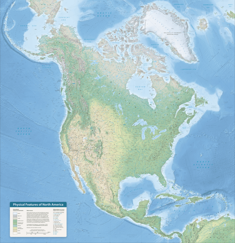 Explore the continent with our 41x43 physical wall map of North America. Features detailed shaded relief, color-coded biomes, and all elevations/depths in feet (Imperial). Perfect for classrooms and offices.