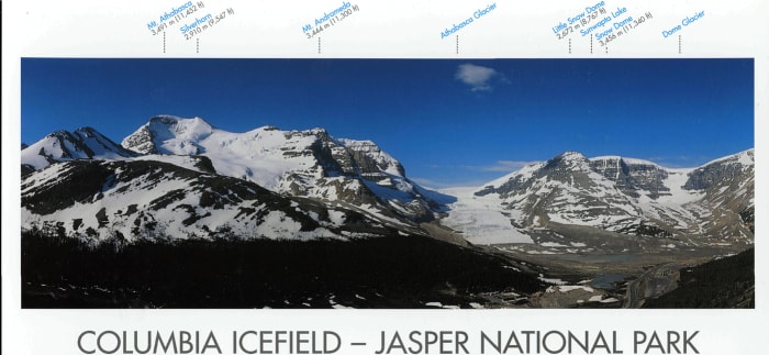 Columbia Icefield Jasper National Park Panorama Poster - A labeled mountain identification guide featuring Mt. Athabasca, Mt. Andromeda, and the Athabasca Glacier. Columbia Icefield Jasper National Park Panorama Poster - A labeled mountain identification guide featuring Mt. Athabasca, Mt. Andromeda, and the Athabasca Glacier.